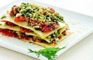 Kamut Lasagne with Raw Tomato Sauce, Pine Nuts and Courgette Flowers