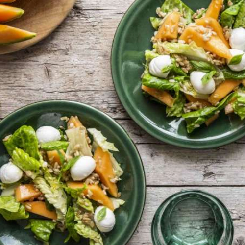 Insalata estiva all’avena con lattuga romana, melone e mozzarelline