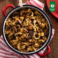 Mafalde risottate ai funghi con cipolle e tempeh