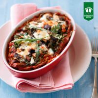 Lasagna di Farro e Grano Saraceno con Melanzane, Rucola e Stracciatella