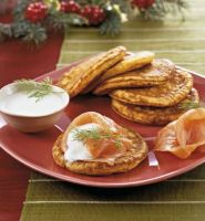 Blini of Yellow Flour and Green Onions with Salmon