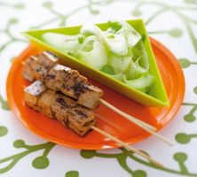 Skewers of Marinated Tofu with Spicy Cucumber Salad