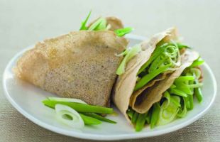 Buckwheat Pancakes with Green Beans and Spring Onions