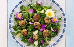 Cous cous and Dandelion Croquettes with Salad and Flowers