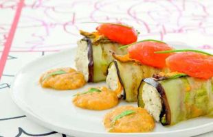 Rolls of Eggplant with Tofu Cream and Pumpkin Flowers
