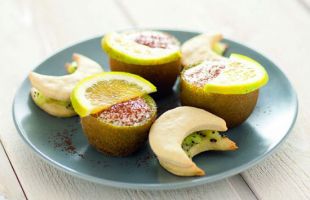 Kiwi Cups with Custard and Almond Biscuits