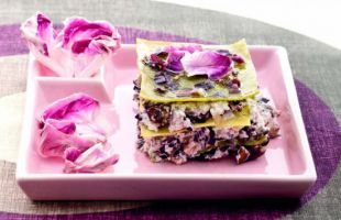 Lasagnette Coloured with Radicchio, Ricotta Cheese and Almonds