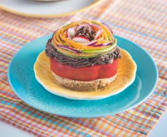 Colorful millefeuille with beans and summer vegetables