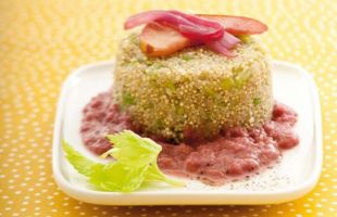 Mini Flanes of Quinoa and Celery with Cream of Apples and Red Onions