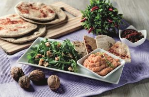 Naan with rocket and walnuts, chickpeas cream and dried tomatoes, oregano