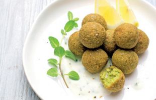 Quinoa Falafel and Fresh Broad Beans with Mint Sauce