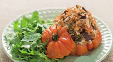 Beefsteak tomatoes stuffed with “alla Norma” spelt