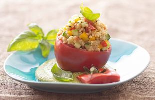 Millet Stuffed Tomatoes with Cashew and Basil Pesto