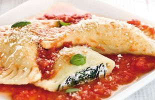 Potato Ravioli and Agretti with Tomato Sauce