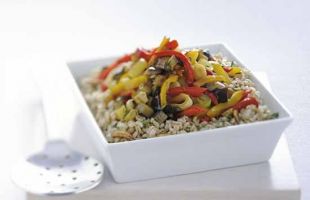 Barley Sartù with Ragout of Eggplant, Peppers and Leeks