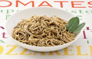 Spelt Spaghetti with Sorrel, Almonds and Cashew Pesto