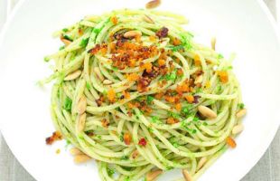 Spicy Spaghetti with Herbs, Crunchy Breadcrumbs and Pine Nuts