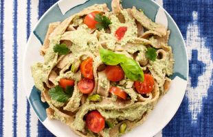 Chickpea Tagliatelle in Zucchini Cream, Pistachios and Coriander