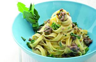 Corn Tagliatelle with Seitan Sauce and Sautéed Dandelion