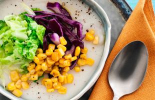 White polenta with roasted corn and cabbage cream