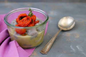 Jerusalem Artichoke Soup with Purple Gnocchi and Confit Tomatoes