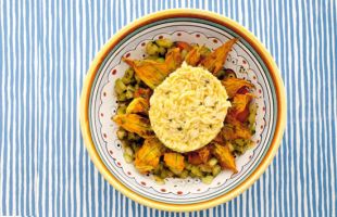 Cold Cucumber Soup with Spiced Basmati Rice and Zucchini Flowers